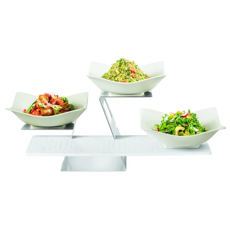Rosseto Serving Solutions 5PC KIT-Swan Multi-Level System Stainless Steel with 3 White Large Square Melamine Bowls SK048